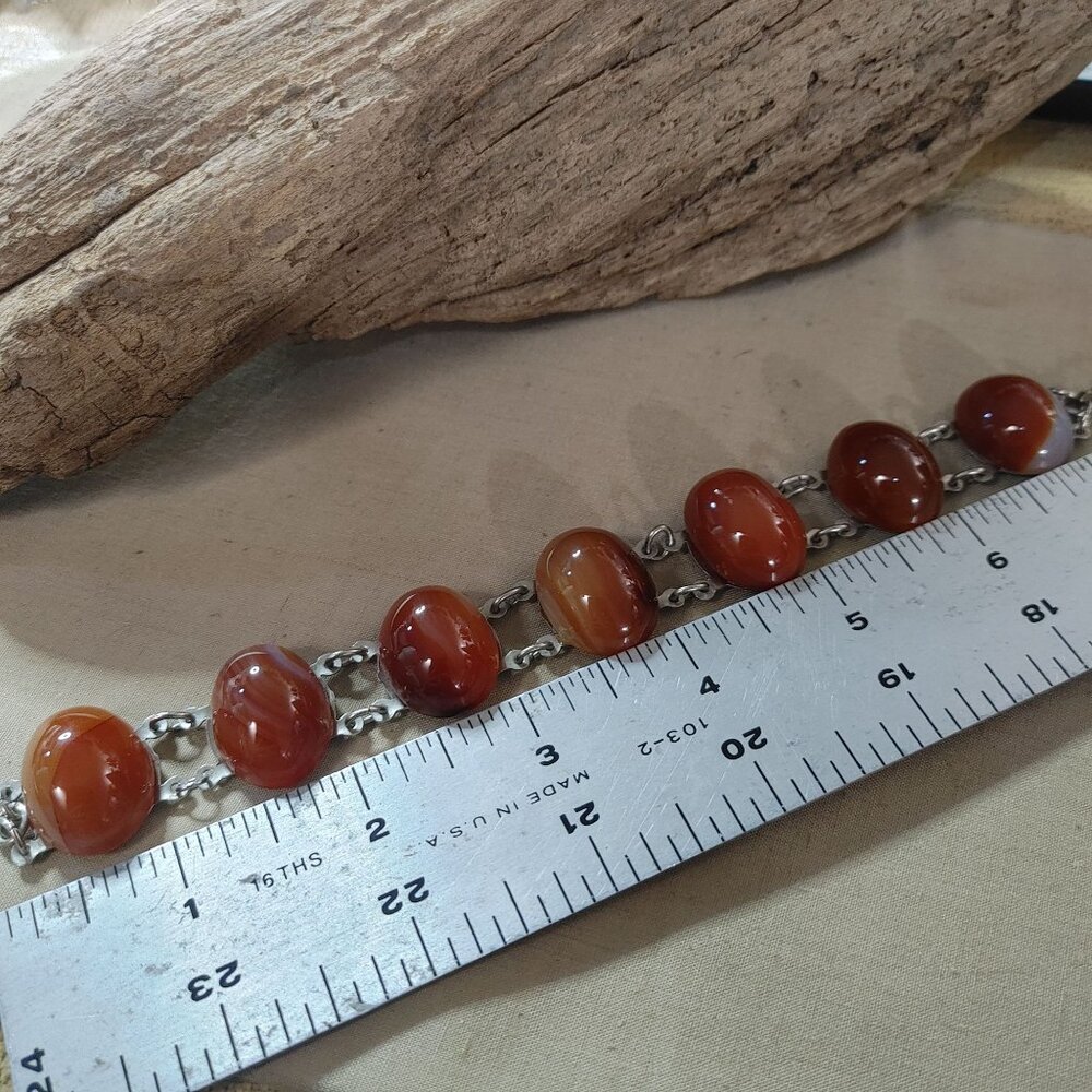 Silvertone Carnelian Agate looking Amber Link Bracelet Oval Cabochons Vintage - Picture 6 of 12
